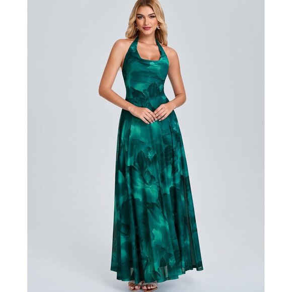 Women's Green Floral Summer Cowl Neck Flowy A Line Elegant Beach Long Maxi - Picture 4 of 5